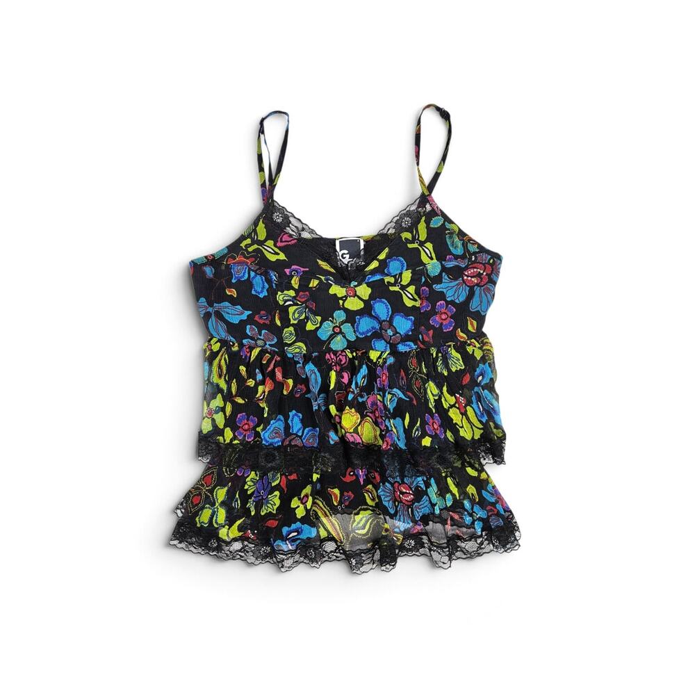 Y2k Silk Cami Top Layered Lace Ruffles Retro - Size Small